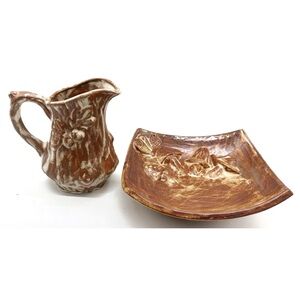 Vintage MCM Ceramic Glazed Mushroom Flora Handpainted Pitcher With Dish